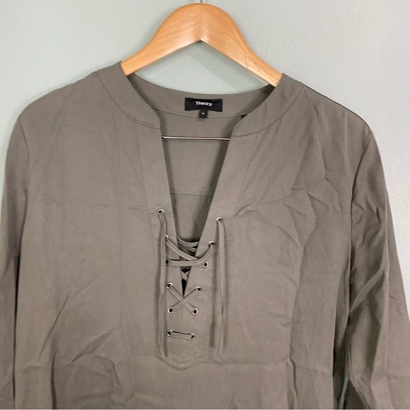 Theory Jullitah Dress Green Long Sleeve Mini Lace Up Tencel Sz‎ 6 - Picture 2 of 5